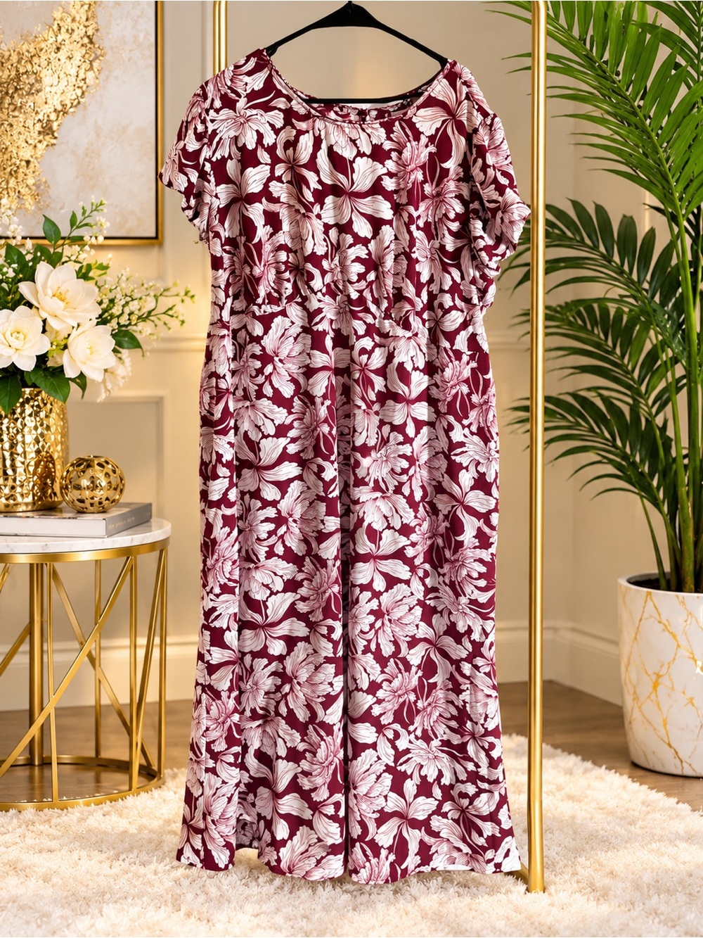 a new day Burgundy Floral Short-Sleeve Wide-Leg Jumpsuit